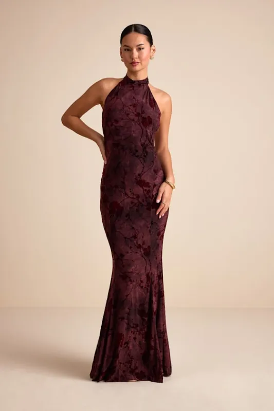 Sitara Burgundy Abstract Jersey Burnout Velvet Halter Maxi Dress sold by Lulus