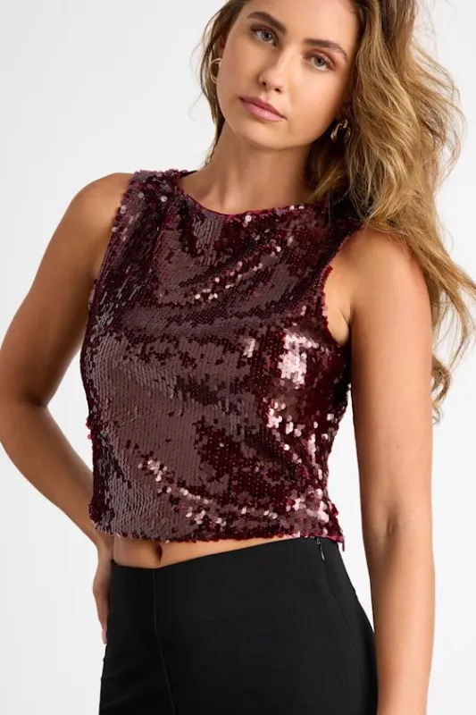 Chelia Shiny Burgundy Sequin Cropped Tank Top sold by Lulus