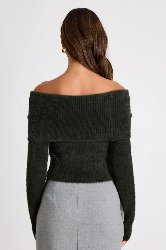 Ravenna Forest Green Eyelash Knit Off-the-Shoulder Sweater Top sold by Lulus product image thumbnail 3