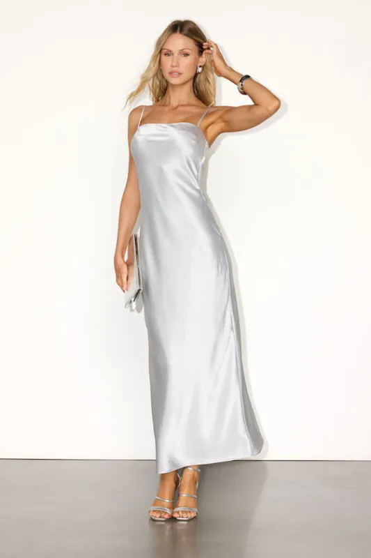 Hartley Silver Satin Tie-Back Maxi Dress sold by Lulus