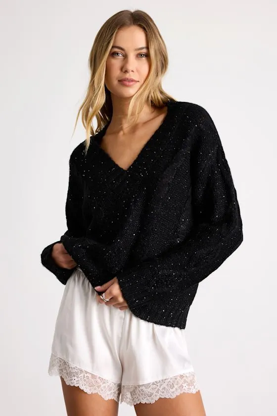 Ewan Black Sequin Cable Knit V-Neck Sweater sold by Lulus