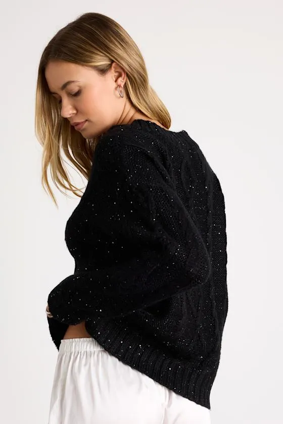 Ewan Black Sequin Cable Knit V-Neck Sweater sold by Lulus product image thumbnail 2