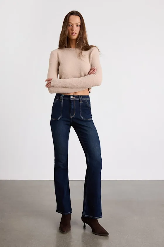 Falcone Dark Wash Mid-Rise Bootcut Jeans sold by Lulus