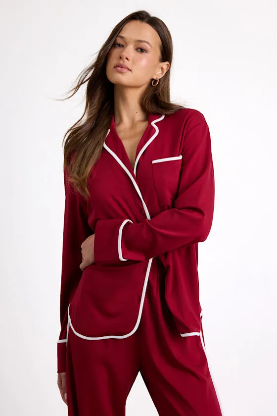 Surina Burgundy and White Long Sleeve Two-Piece Pajama Set sold by Lulus product image thumbnail 2