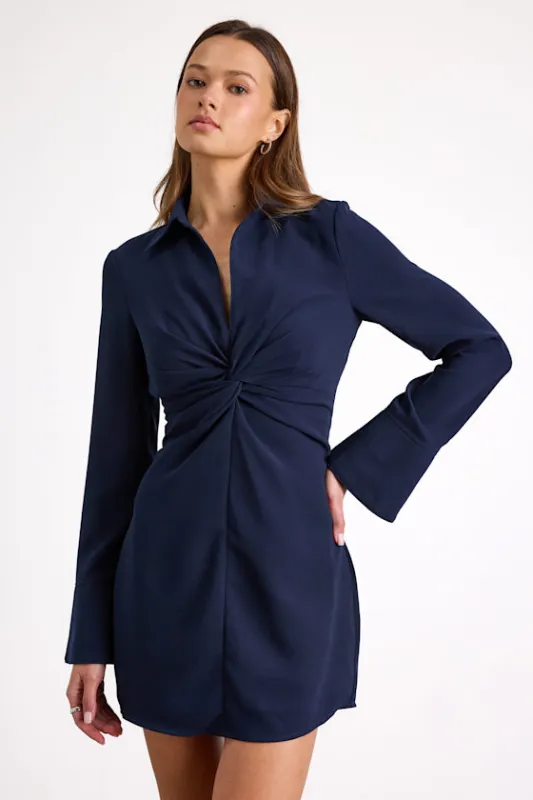 Lestina Navy Collared Twist-Front Mini Dress sold by Lulus