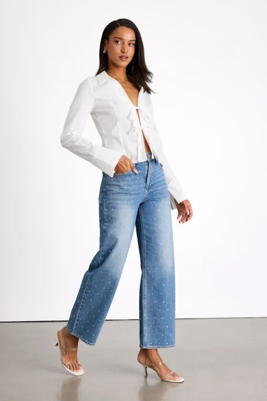 Helska Medium Wash Rhinestone High-Rise Straight Leg Jeans sold by Lulus