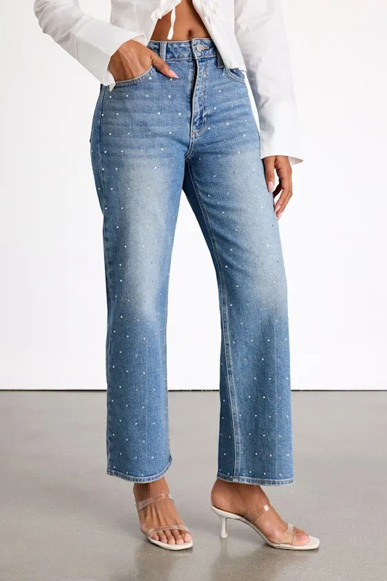 Helska Medium Wash Rhinestone High-Rise Straight Leg Jeans sold by Lulus product image thumbnail 2