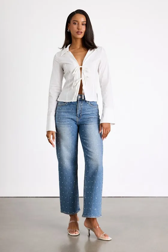 Helska Medium Wash Rhinestone High-Rise Straight Leg Jeans sold by Lulus product image thumbnail 4