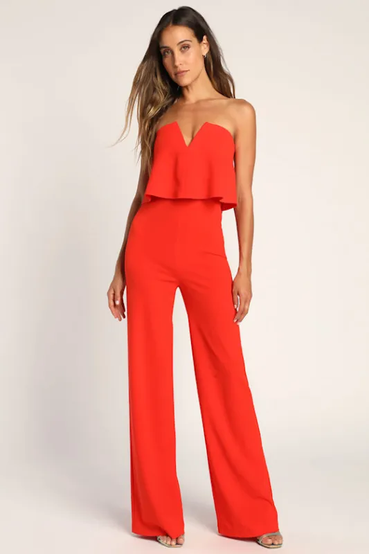 Power of Love Red Orange Strapless Jumpsuit sold by Lulus