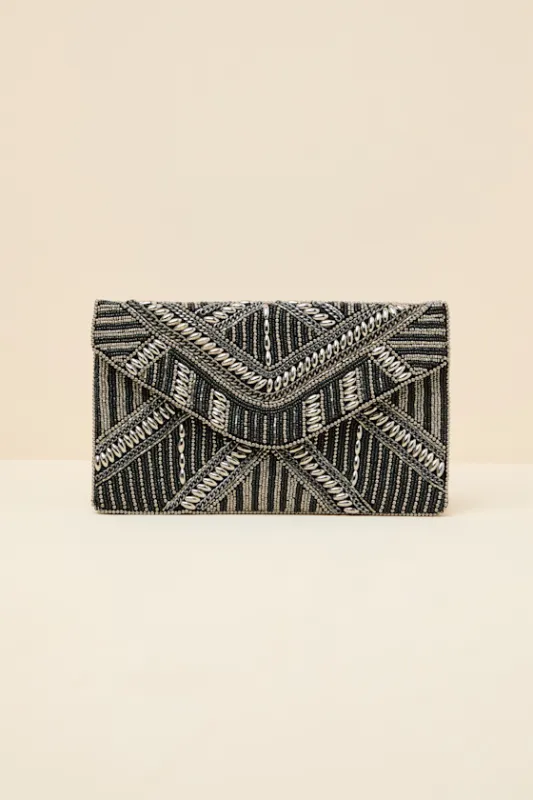 Sheridan Black and Silver Beaded Envelope Clutch sold by Lulus