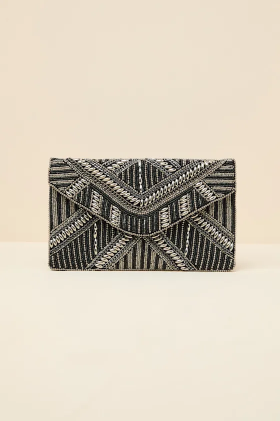 Sheridan Black and Silver Beaded Envelope Clutch sold by Lulus