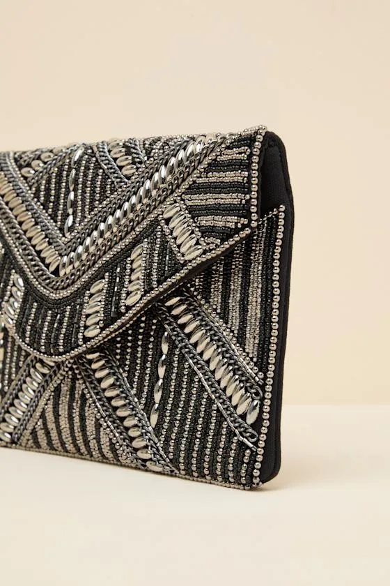 Sheridan Black and Silver Beaded Envelope Clutch sold by Lulus product image thumbnail 2