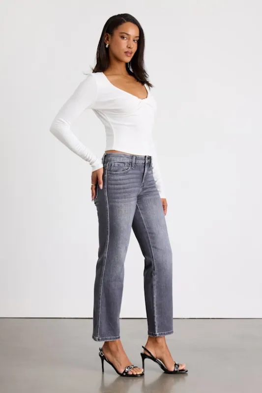 Alminah Grey Denim Mid-Rise Straight Leg Ankle Jeans sold by Lulus
