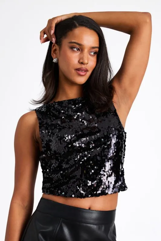 Chelia Shiny Black Sequin Cropped Tank Top sold by Lulus