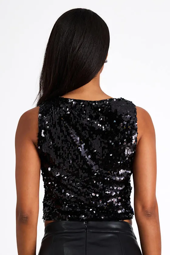 Chelia Shiny Black Sequin Cropped Tank Top sold by Lulus product image thumbnail 3