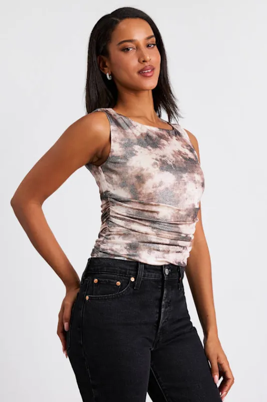 Carlina Beige Multi Abstract Mesh Ruched Bodysuit sold by Lulus