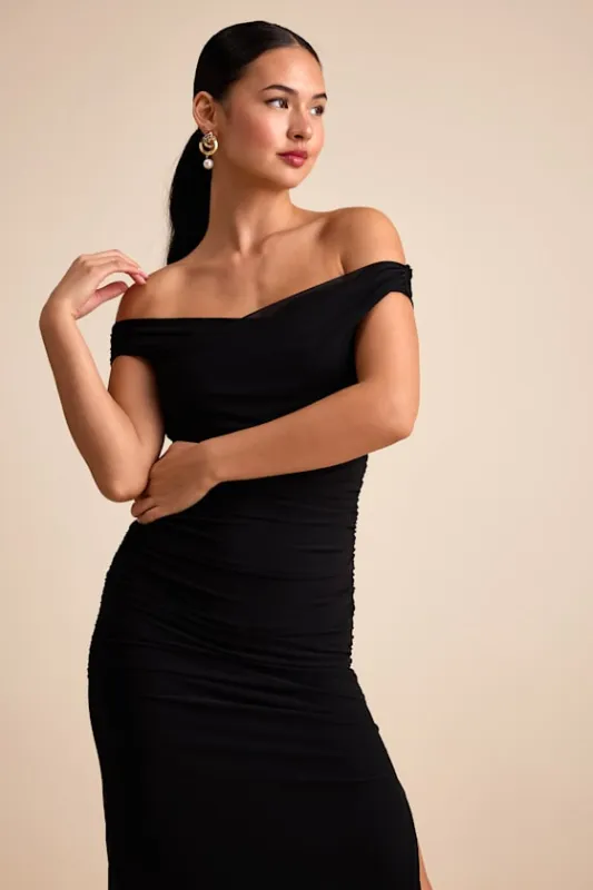 Scotia Black Mesh Ruched Off-the-Shoulder Maxi Dress sold by Lulus