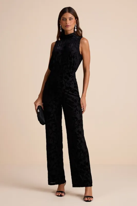 Micola Black Velvet Jacquard Mock Neck Jumpsuit sold by Lulus