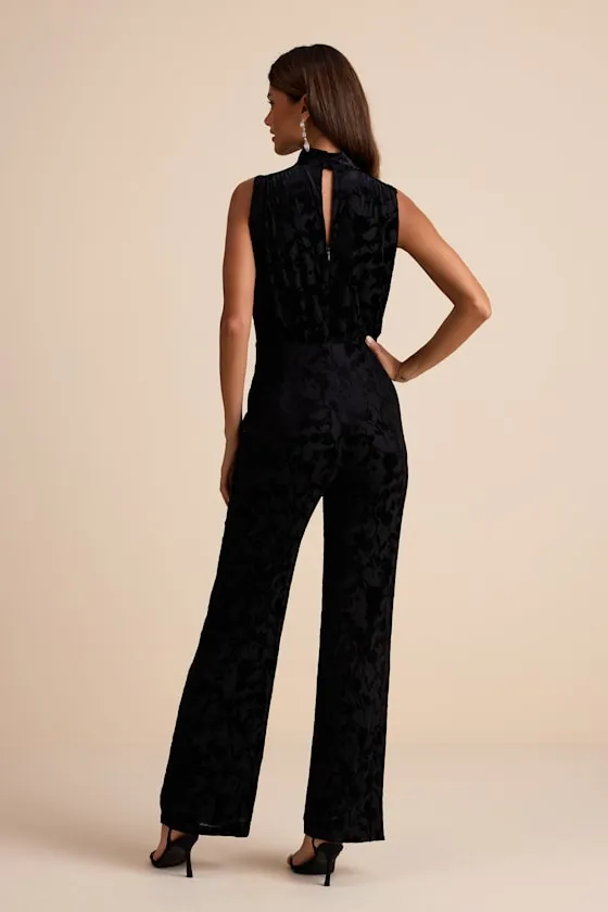 Micola Black Velvet Jacquard Mock Neck Jumpsuit sold by Lulus product image thumbnail 3