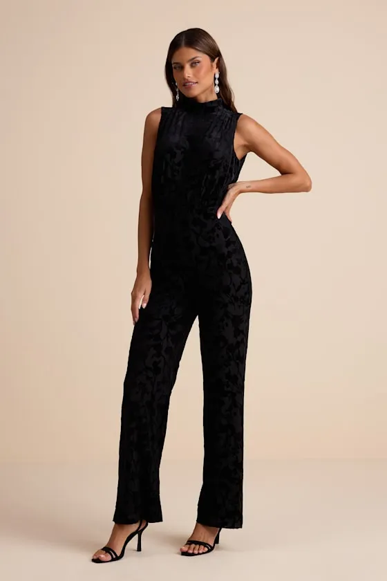 Micola Black Velvet Jacquard Mock Neck Jumpsuit sold by Lulus product image thumbnail 4