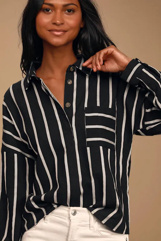 Amelia Dawn Black and White Striped Long Sleeve Button-Up Top sold by Lulus