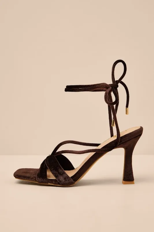 Marie Chocolate Velvet Lace-Up High Heel Sandals sold by Lulus