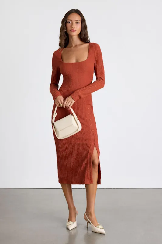 Austine Rust Textured Knit Long Sleeve Midi Dress sold by Lulus