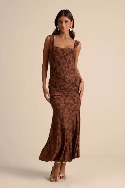 Celeste Brown Floral Burnout Bustier Maxi Dress sold by Lulus