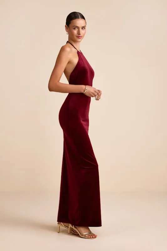 Emelina Wine Red Velvet Halter Maxi Dress sold by Lulus