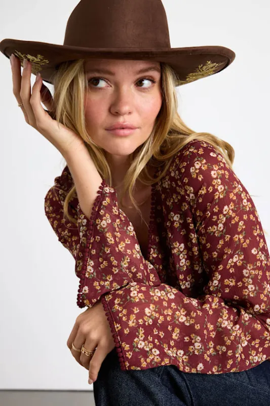 Boaz Brown Suede Floral Embroidered Cowboy Hat sold by Lulus