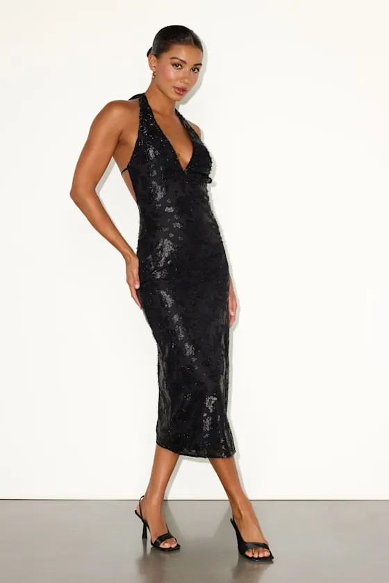 Rosaria Black Burnout Lurex Backless Halter Midi Dress sold by Lulus product image thumbnail 2
