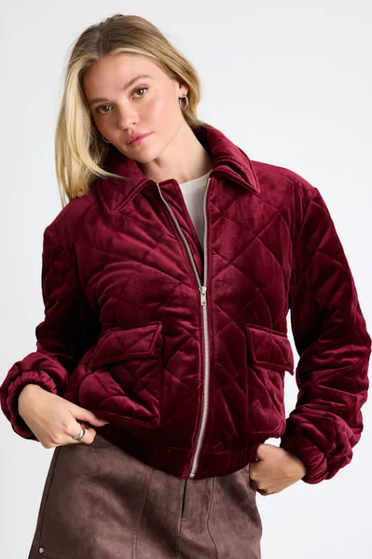 Fayda Burgundy Velvet Quilted Collared Bomber Jacket sold by Lulus