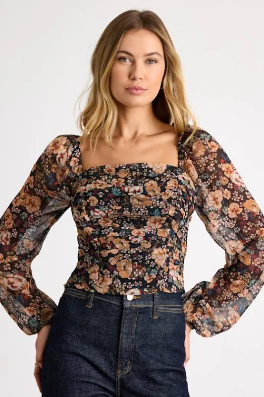 Mood Setter Black Multi Floral Print Ruched Long Sleeve Top sold by Lulus