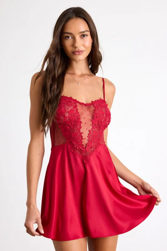 Damilia Red Sheer Lace Satin Lingerie Slip sold by Lulus
