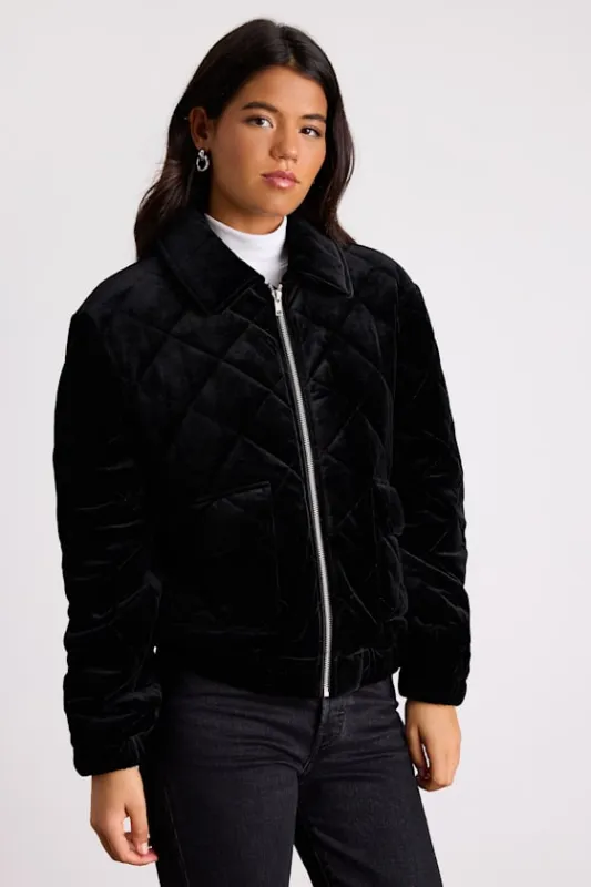 Fayda Black Velvet Quilted Collared Bomber Jacket sold by Lulus