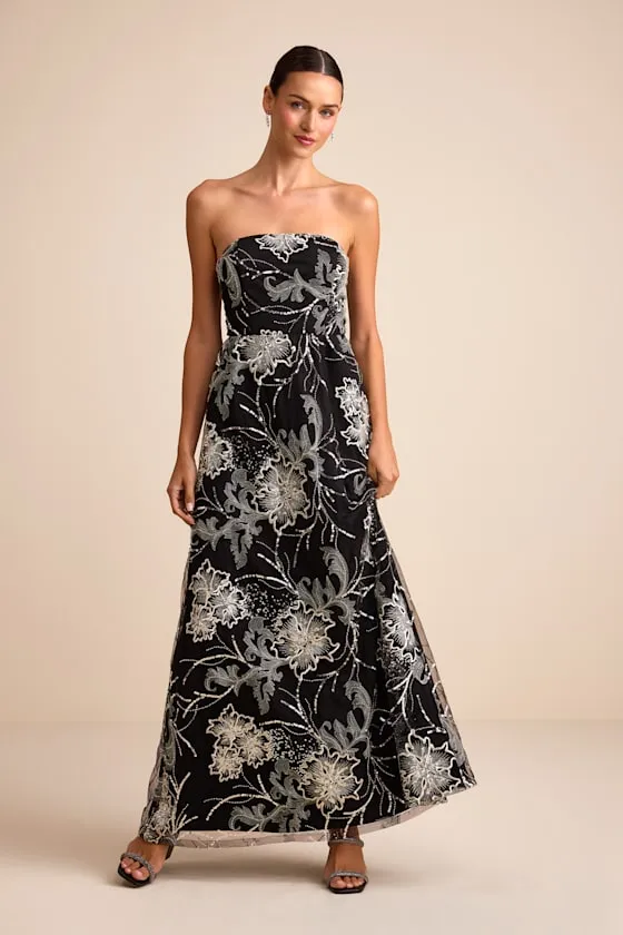 Tisdale Black and Silver Embroidered Strapless Maxi Dress sold by Lulus