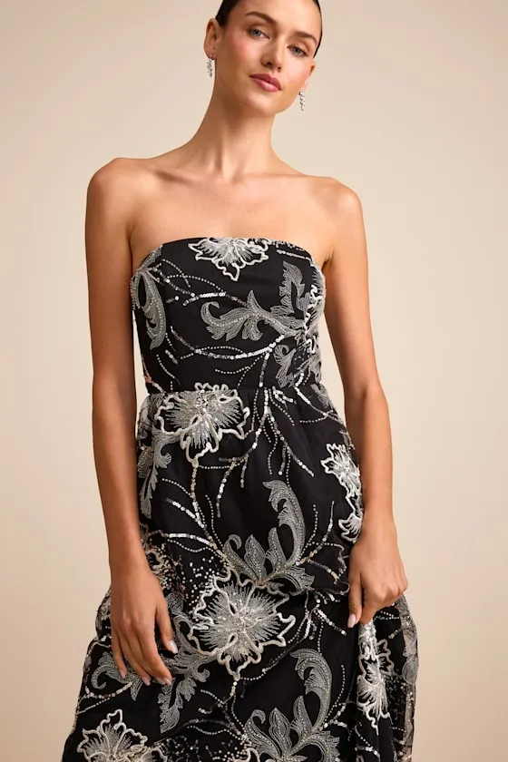 Tisdale Black and Silver Embroidered Strapless Maxi Dress sold by Lulus product image thumbnail 2