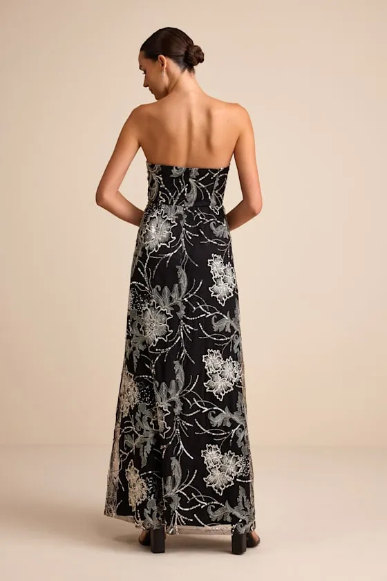 Tisdale Black and Silver Embroidered Strapless Maxi Dress sold by Lulus product image thumbnail 3
