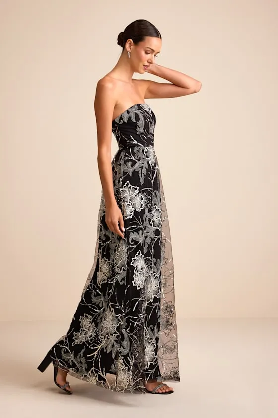 Tisdale Black and Silver Embroidered Strapless Maxi Dress sold by Lulus product image thumbnail 4