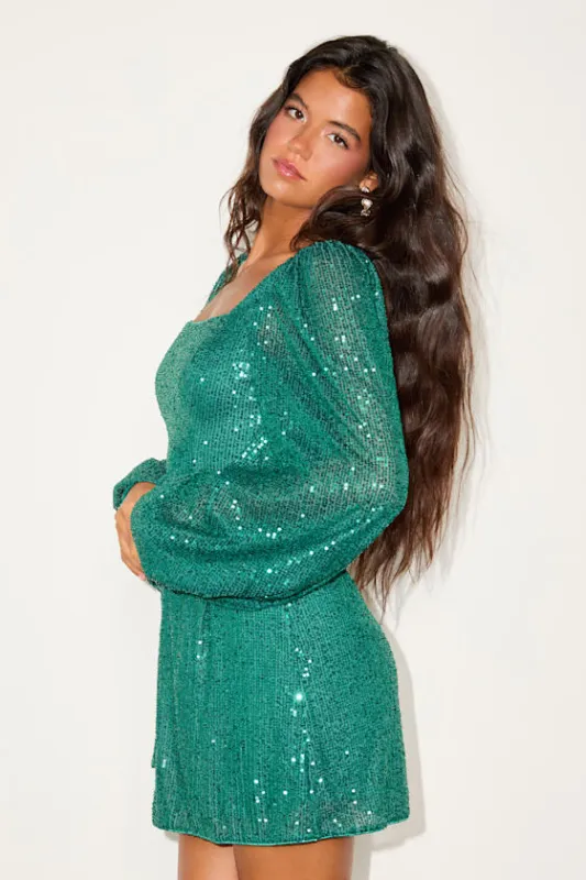 Festive Mood Emerald Sequin Long Sleeve Mini Dress sold by Lulus