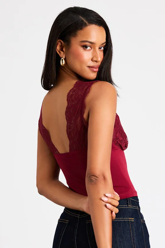 Tazia Dark Red Lace Knit V-Neck Tank Top sold by Lulus product image thumbnail 3