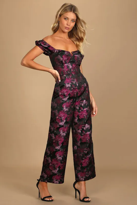 New Glam Black Floral Jacquard Bustier Off-the-Shoulder Jumpsuit sold by Lulus