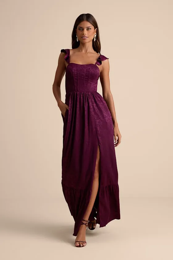 Arlaith Plum Jacquard Lace-Up Corset Maxi Dress sold by Lulus