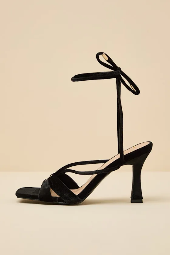 Marie Black Velvet Lace-Up High Heel Sandals sold by Lulus