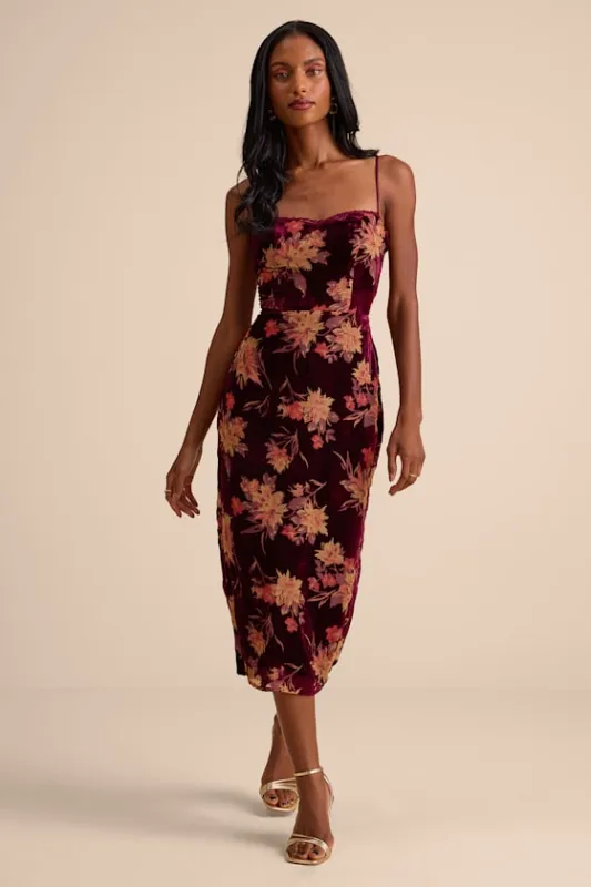 Erisa Burgundy Velvet Floral Burnout Midi Dress sold by Lulus