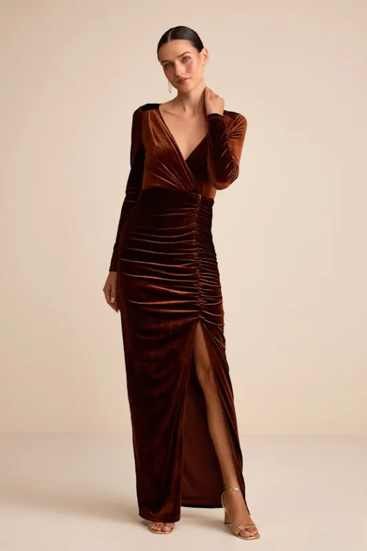 Yasna Brown Velvet Ruched Surplice Long Sleeve Maxi Dress sold by Lulus