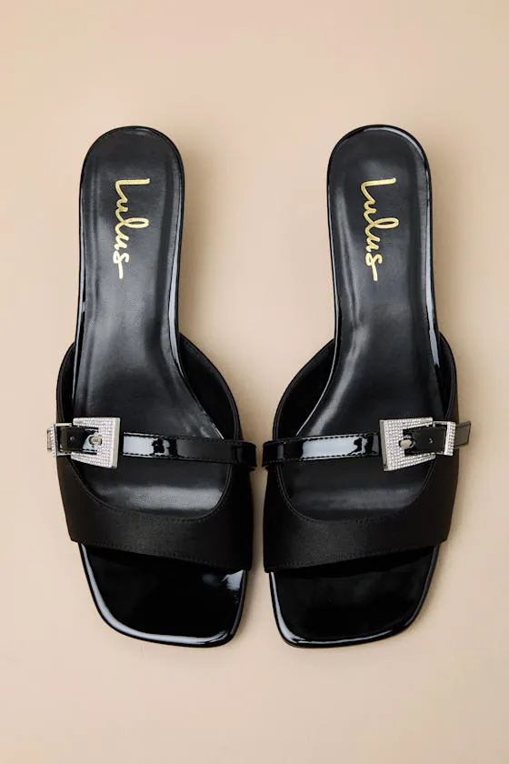 Lilu Black Satin Rhinestone Buckle Kitten Heel Sandals sold by Lulus product image thumbnail 4