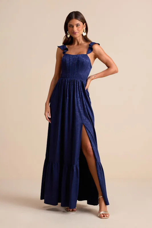 Arlaith Navy Jacquard Lace-Up Corset Maxi Dress sold by Lulus