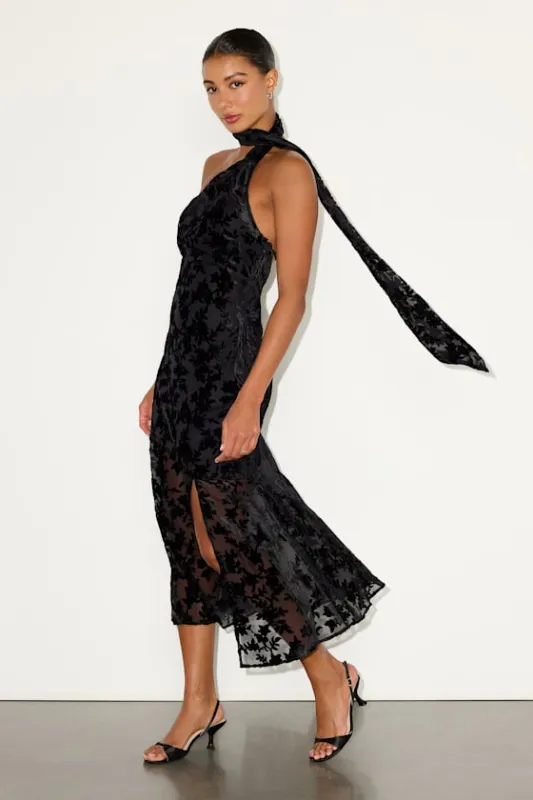Alis Black Velvet Burnout One-Shoulder Sash Midi Dress sold by Lulus