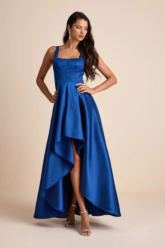 Wisola Blue Taffeta Pleated Corset High-Low Maxi Dress sold by Lulus